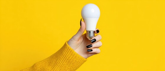 The light bulb held in hand against a vibrant yellow background.