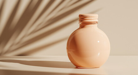 Round peach-colored bottle with natural lighting and shadow effect  