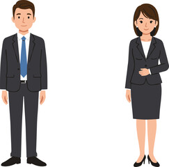 Businessman standing in suit, businesswoman in professional attire, office teamwork, corporate leadership, partnership, confident colleagues, management, success, career, communication