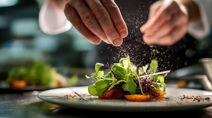 A chef seasoning a plated dish with fresh herbs and spices, adding the final touches to a beautifully presented meal.