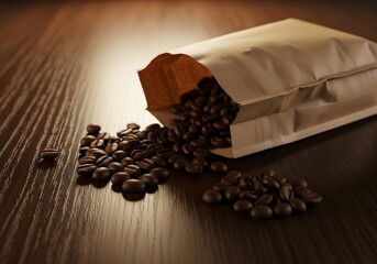 Coffee beans spilling from a brown paper bag on a dark wooden table surface top view
