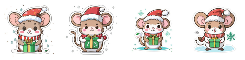 Cute Christmas Mouse Vector Set — Adorable Holiday Mice in Santa Hats with Gift Boxes