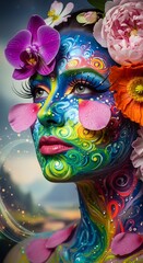 Colorful body art with flowers and petals creating a vibrant and artistic design