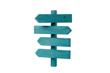 Rustic turquoise wooden signpost with four directional arrows on a transparent background