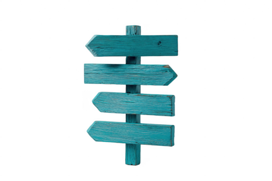 Rustic turquoise wooden signpost with four directional arrows on a transparent background