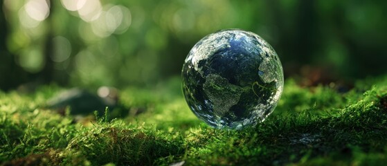The crystal globe representing Earth resting on lush green moss.