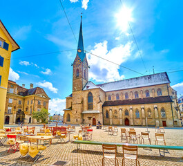Munsterhof square with stunning Fraumunster church, Zurich, Switzerland