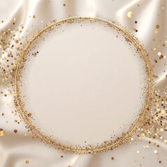 Golden Circle Frame on Creamy Satin Fabric with Glittering Confetti Overlay