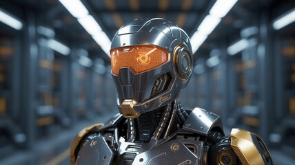 Futuristic robot with glowing orange visor stands guard in a sleek, modern hallway, perfect for illustrating cutting-edge technology and AI concepts