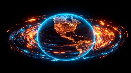 Glowing digital Earth with bright orange and blue energy rings surrounding the globe, symbolizing global communication, data transfer, technology, internet connectivity, and futuristic global networks