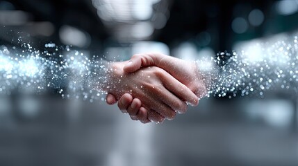 Digital Handshake Hologram Futuristic Agreement in Gray Abstract Background