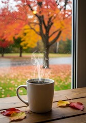 Cozy autumn morning coffee by the window with fall foliage and rain droplets view