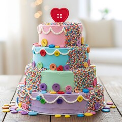 Colorful cake with sprinkles and buttons for a celebration, a sweet treat for all