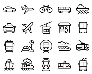Simple set of public transport vector line icons. Contains such icons as Taxi, Train, Tram and more.