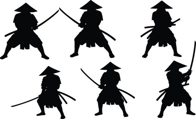 Obraz premium A collection of silhouettes of a samurai warrior wearing a conical hat, holding a katana sword in various fighting poses on a white background.