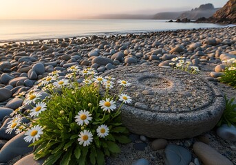 Daisies and stone on a pebble beach at sunset with a calm sea in the background