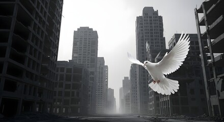 Dove flying through destroyed city landscape symbolizing hope and resilience after war