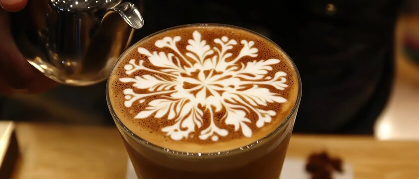 Intricate snowflake latte art coffee drink in glass closeup