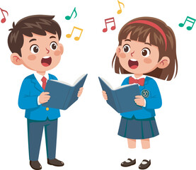 Children singing, school choir, music performance, microphone, uniformed kids, joyful expression, musical notes, stage activity, vocal training, artistic learning