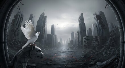 Dove perches on gargoyle in post apocalyptic city landscape with ruined buildings