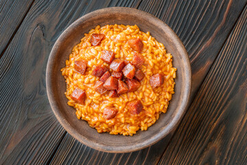 Rustic bowl of spicy tomato and chorizo risotto on wooden table