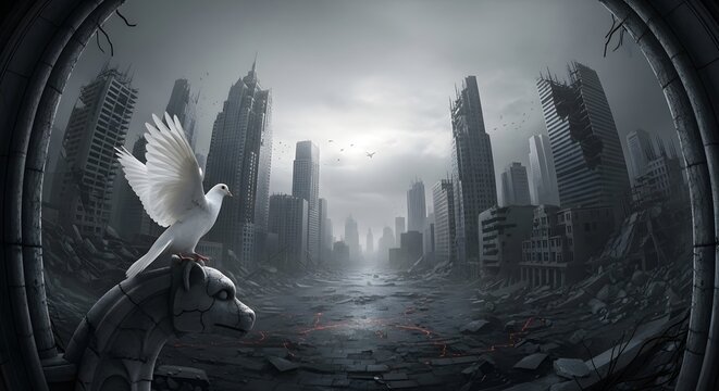 Dove perches on gargoyle in post apocalyptic city landscape with ruined buildings