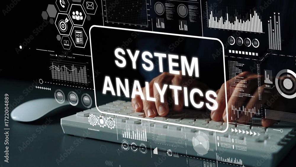 Leinwandbilder system analytics concept with data visualization and hands on keyboard in modern office environment.