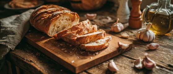 The freshly baked bread sliced on a rustic wooden board with garlic.
