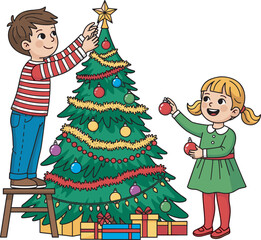 Happy children decorating Christmas tree with ornaments and lights, festive holiday celebration, family fun, seasonal tradition, joyful winter activity, gifts