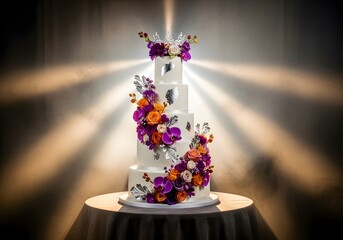 Elegant wedding cake with floral decorations and silver accents on display table