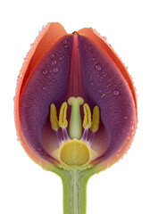 Freshly cross-sectioned flower, velvety peach-pink to muted purple petals, translucent veining, dew-kissed, pollen-dusted stamens, on transparent background, concept of scientific botanical beauty