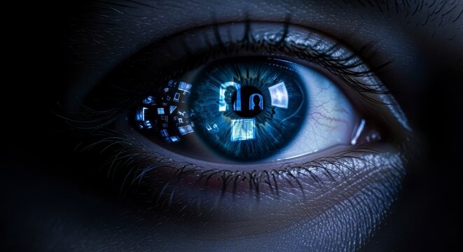 A close-up of a human eye reflecting digital images, symbolizing technology, security, and perception.