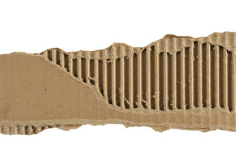 Brown corrugated cardboard, dramatically torn, revealing intricate fluting channels, coarse fibers, ruptured edges, on seamless transparent background. Concept of material texture and structure