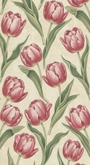 Obraz premium Tulip Pattern: A close-up shot of a repeating pattern of pink tulips, showcasing their delicate petals and fresh green leaves in a perfect display of floral beauty.