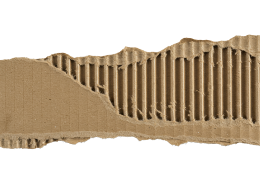 Brown corrugated cardboard, dramatically torn, revealing intricate fluting channels, coarse fibers, ruptured edges, on seamless transparent background. Concept of material texture and structure