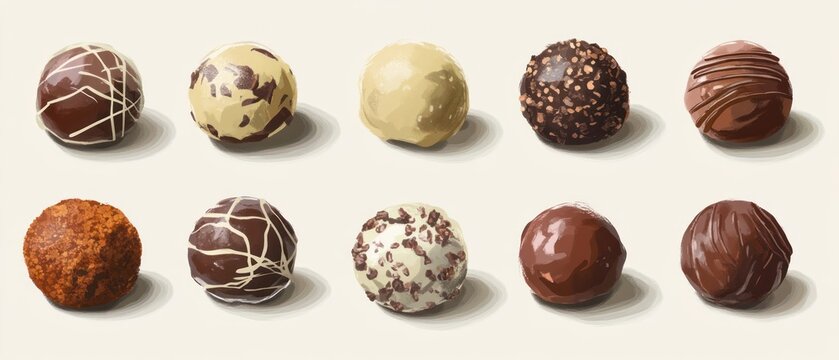 Gourmet chocolate truffles assortment digital painting various textures overhead view