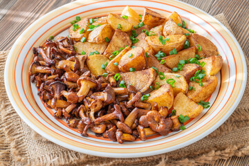 Fried potatoes chanterelle mushrooms seasoned paprika rustic wooden table plate