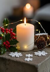 Festive candle with christmas decorations creating a warm and inviting atmosphere