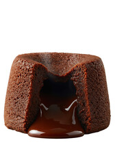 Freshly baked molten chocolate lava cake, cut in half, rich dark chocolate goo dramatically oozing, delicate steam rising, against transparent studio background. Luxurious indulgence concept