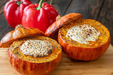 Baked Hokkaido pumpkins filled with beef, tomato sauce, melted mozzarella