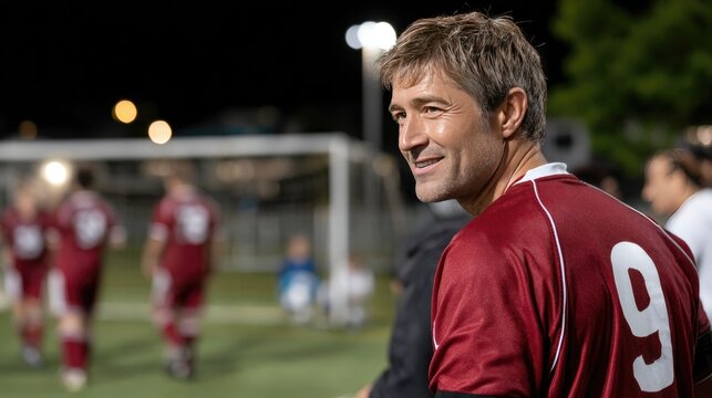 A man in a red and white jersey reflects on the night after a football game, standing on a well-lit soccer field.
