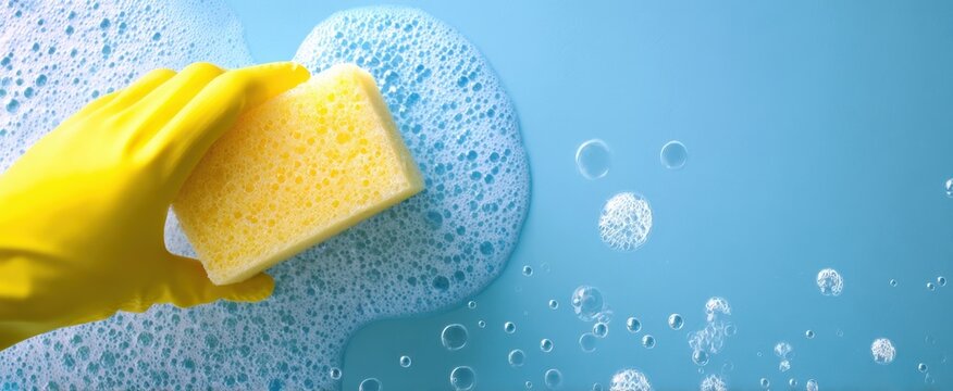 The yellow sponge and gloved hand cleaning a soapy blue surface with bubbles