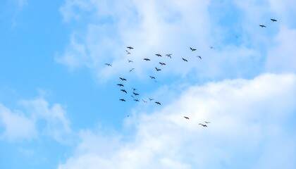 Birds Flying in Formation in Sky.
