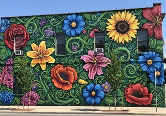 Floral mural on brick building with vibrant colors and intricate vine details outside art