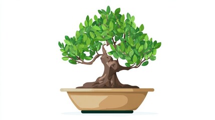 Isolated small Japanese bonsai tree in a green pot with new leaves