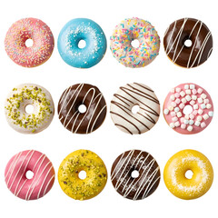 A colorful assortment of twelve assorted donuts with various toppings and glazes, arranged in a grid and isolated on a transparent background