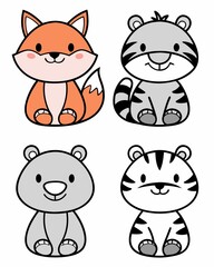 Whimsical Animal Cartoon Collection A Quartet of Adorable Fox, Tiger, and Bear Characters for Childrens Designs and Cute Illustrations