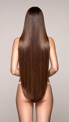 Naklejka premium Long Straight Brown Hair Healthy Shiny Woman Back View.