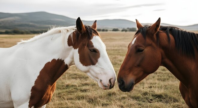 Two horses standing together in a field animal equine mammal wildlife