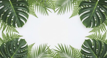 Tropical Leaf Border: A symmetrical arrangement of lush, tropical Monstera and palm leaves gracefully frames an inviting central space, creating a vibrant and refreshing natural border.